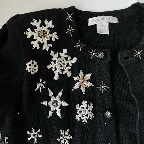 Vintage 1990s Arriviste Snowflake Cardigan Sweater Beaded Embroidered Black S - Picture 3 of 12